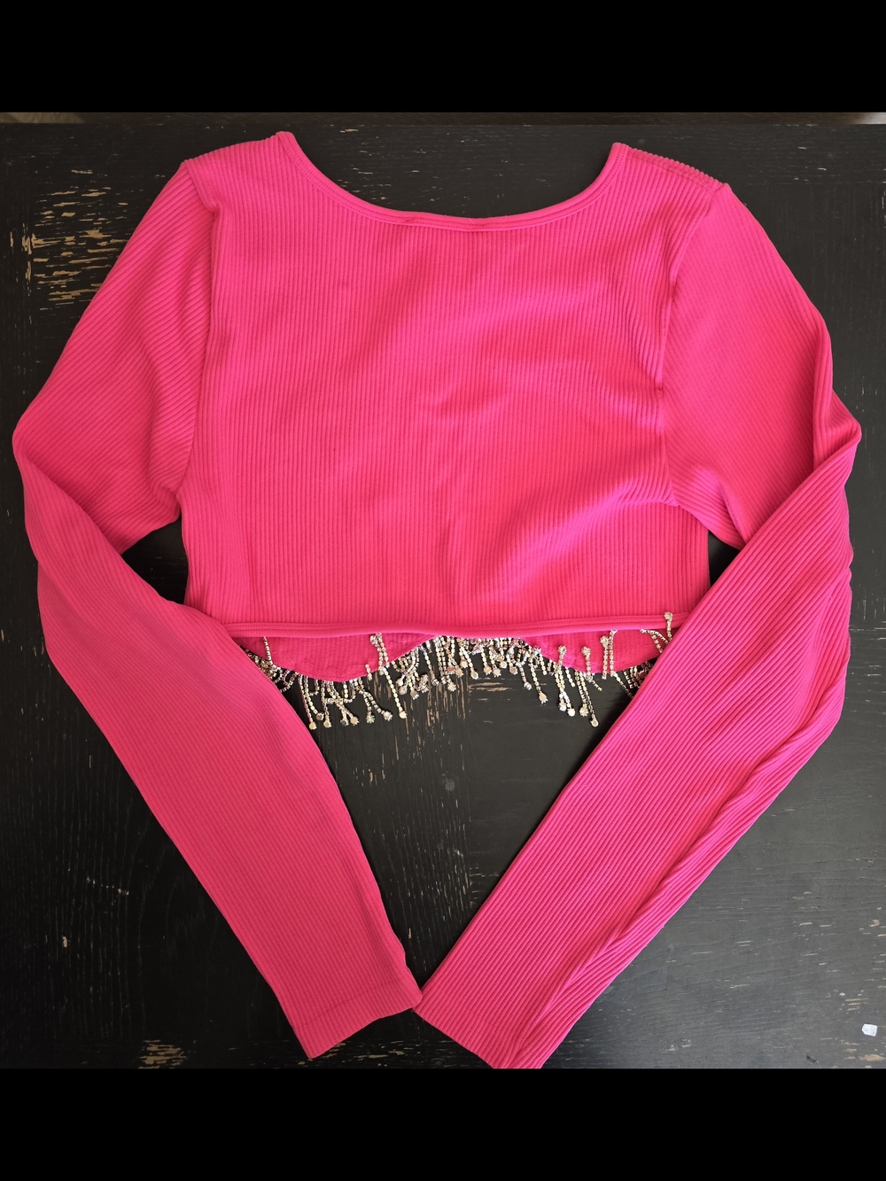 NWT Sincerely Jules Bright Pink Long Sleeve Beaded Crop Top Womens Sz Large - Picture 9 of 11